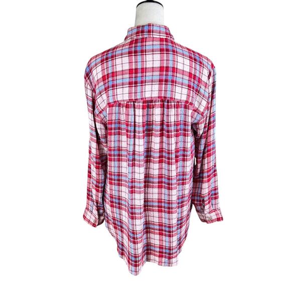 Anthropologie Pilcro Red Blue Pink Plaid Soft Knit Long Sleeve Button Up Shirt - Picture 3 of 11